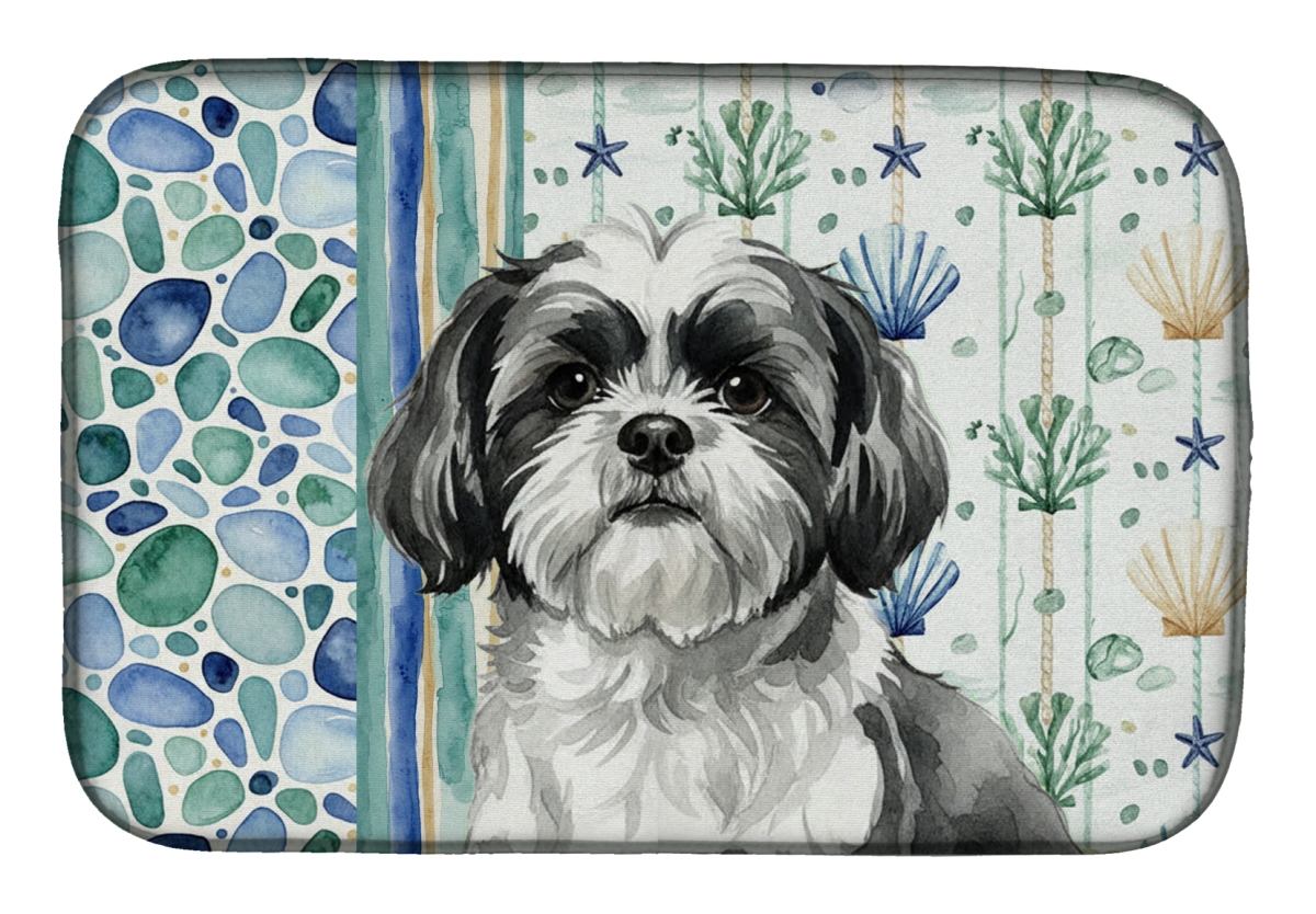 Picture of Carolines Treasures WDK7216DDM 21 x 14 in. Black & White Shih Tzu Coastal Sea Glass Dish Drying Mat
