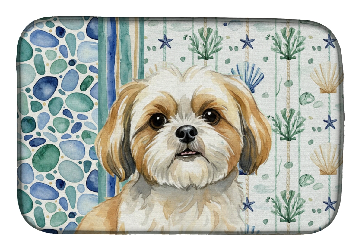 Picture of Carolines Treasures WDK7218DDM 21 x 14 in. Gold & White Shih Tzu Coastal Sea Glass Dish Drying Mat