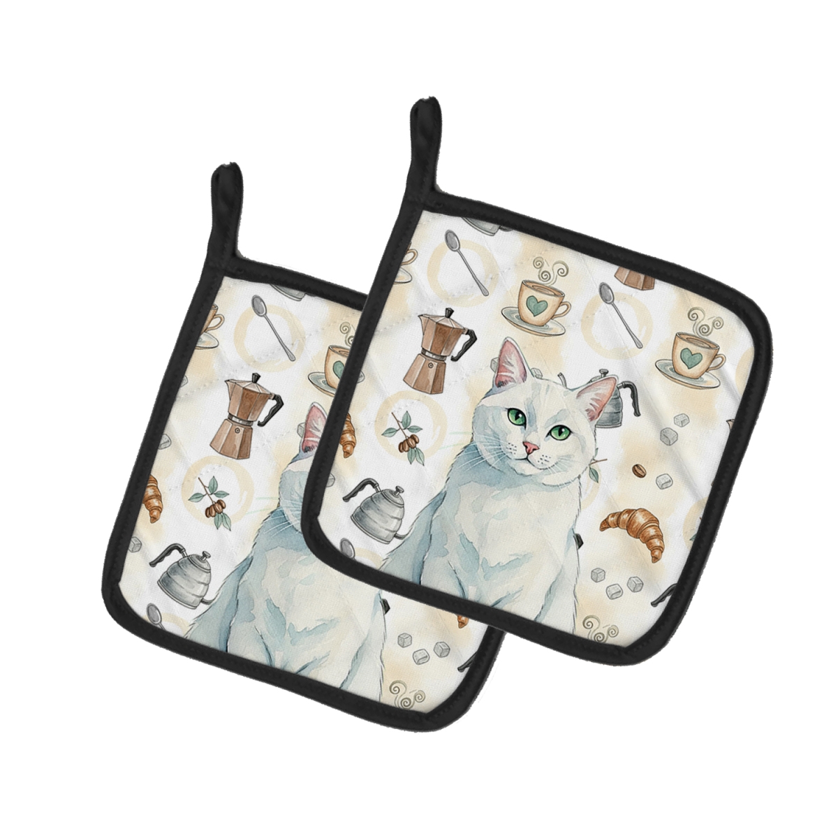 FNT1406PTHD 7.5 x 7.5 in. Solid White Cat Coffee Time Pot Holders, Pack of 2