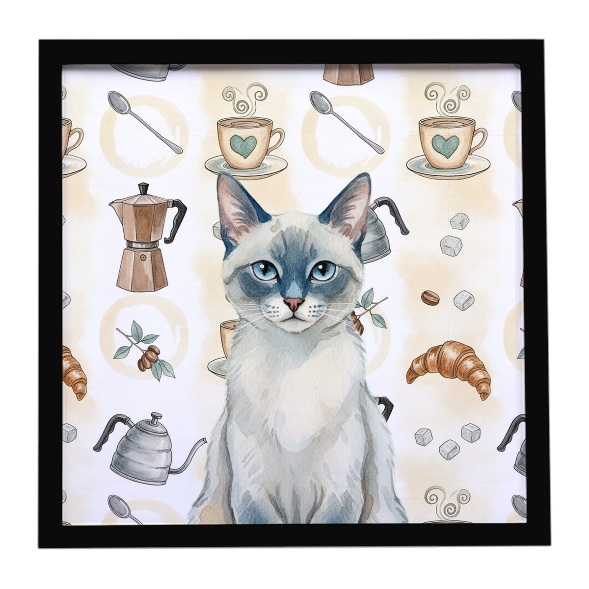FNT1371MFP88 8 x 8 in. Blue Point Cat Coffee Time Framed Metal Print