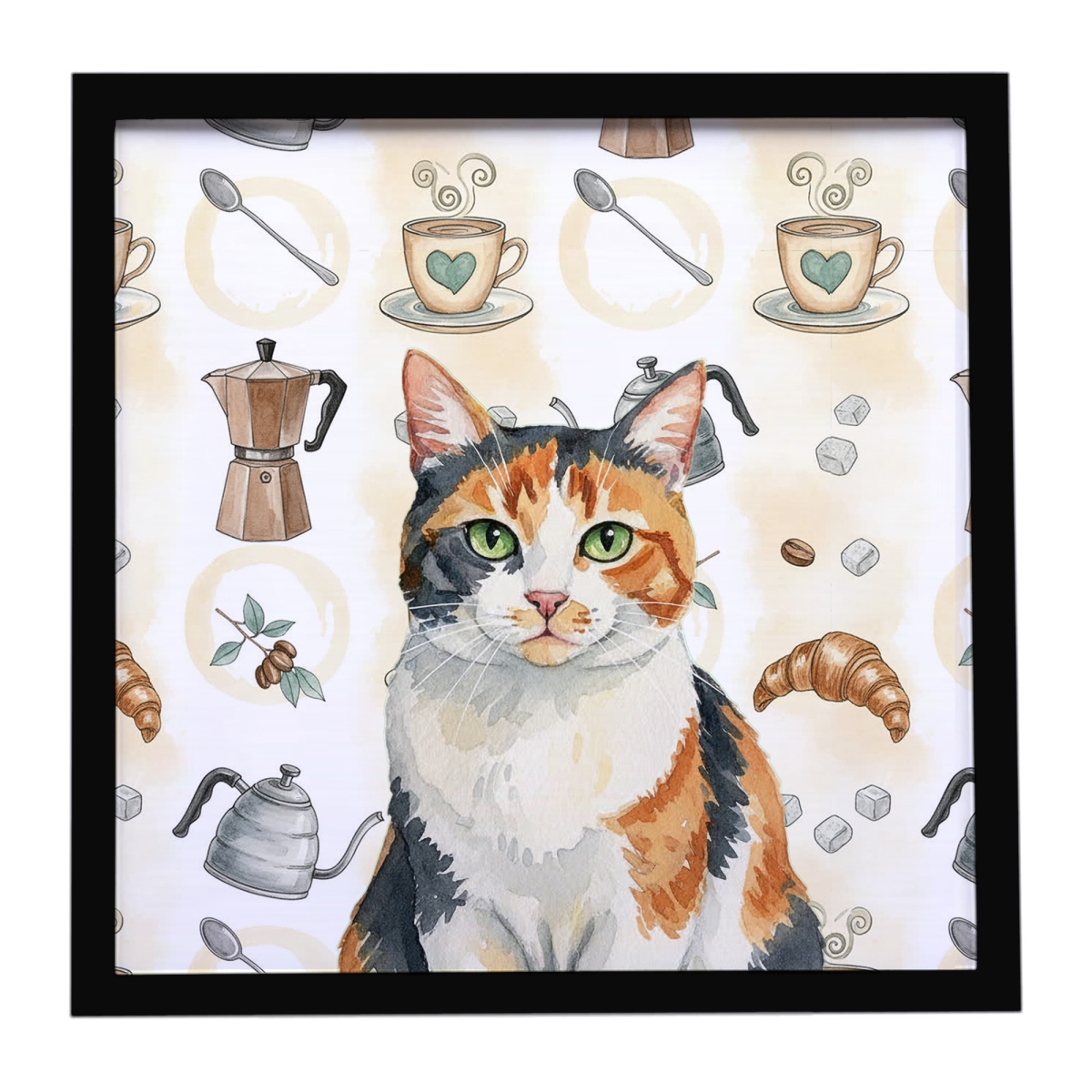 FNT1372MFP88 8 x 8 in. Calico Cat Coffee Time Framed Metal Print