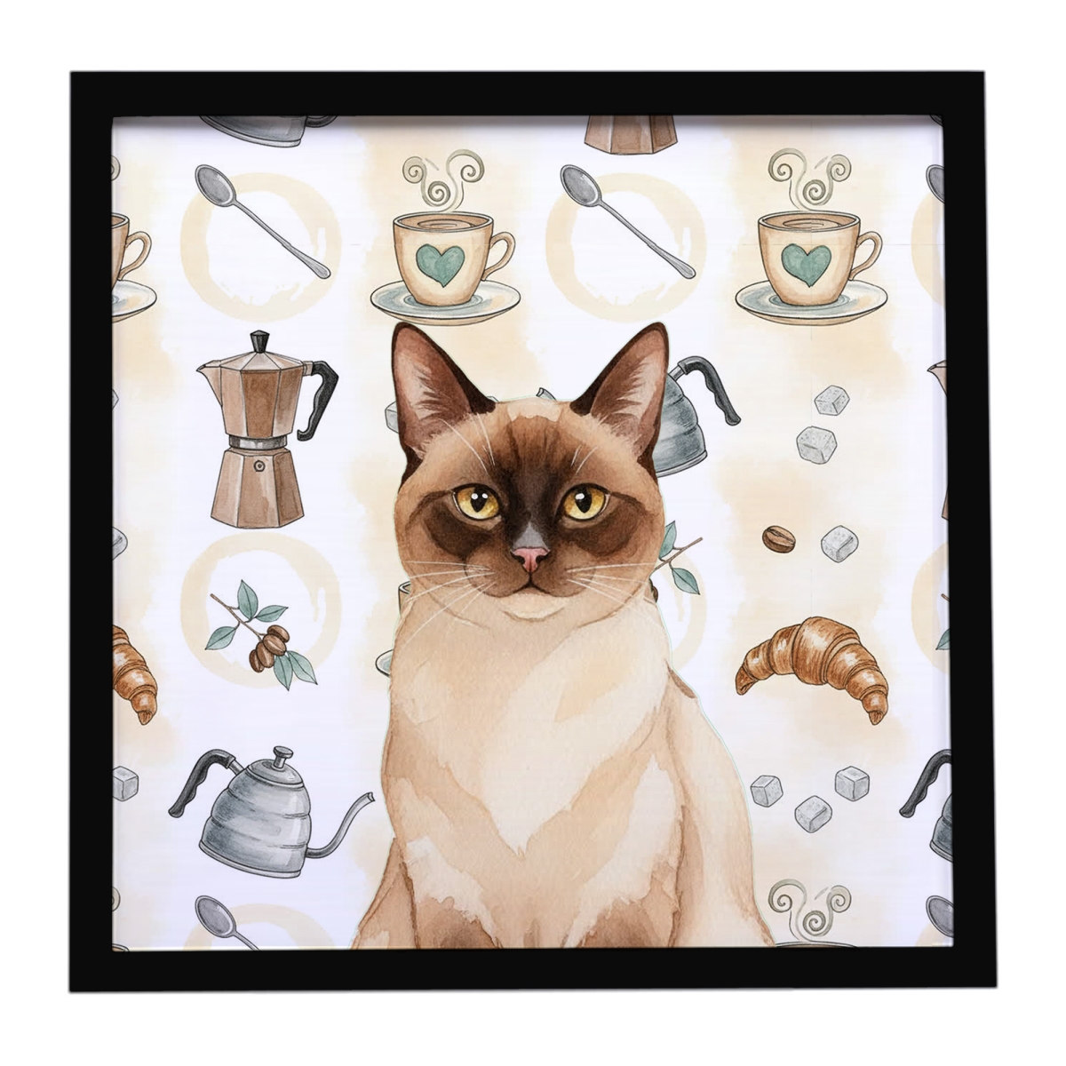 FNT1373MFP88 8 x 8 in. Chocolate Point Cat Coffee Time Framed Metal Print