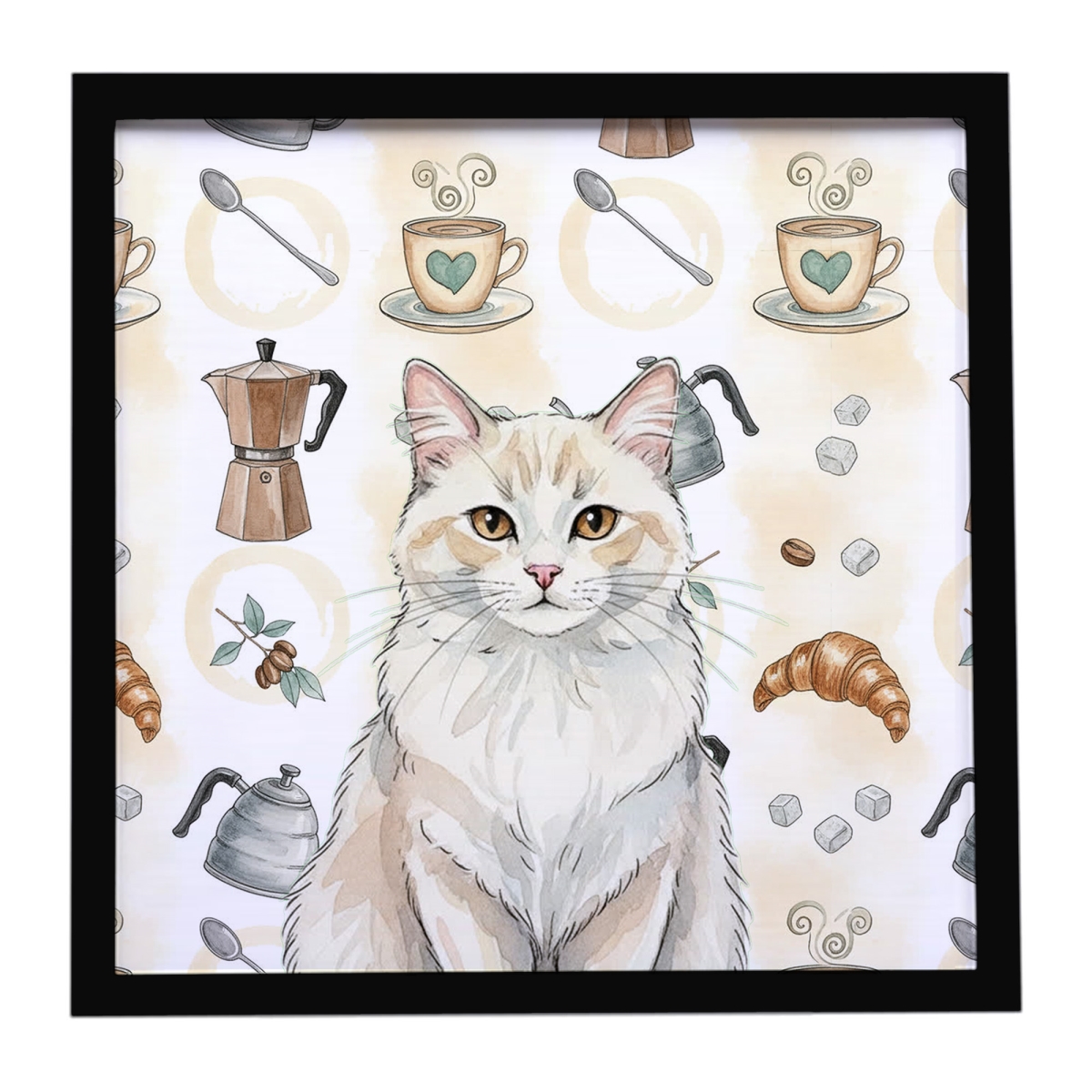 FNT1375MFP88 8 x 8 in. Cream & White Cat Coffee Time Framed Metal Print