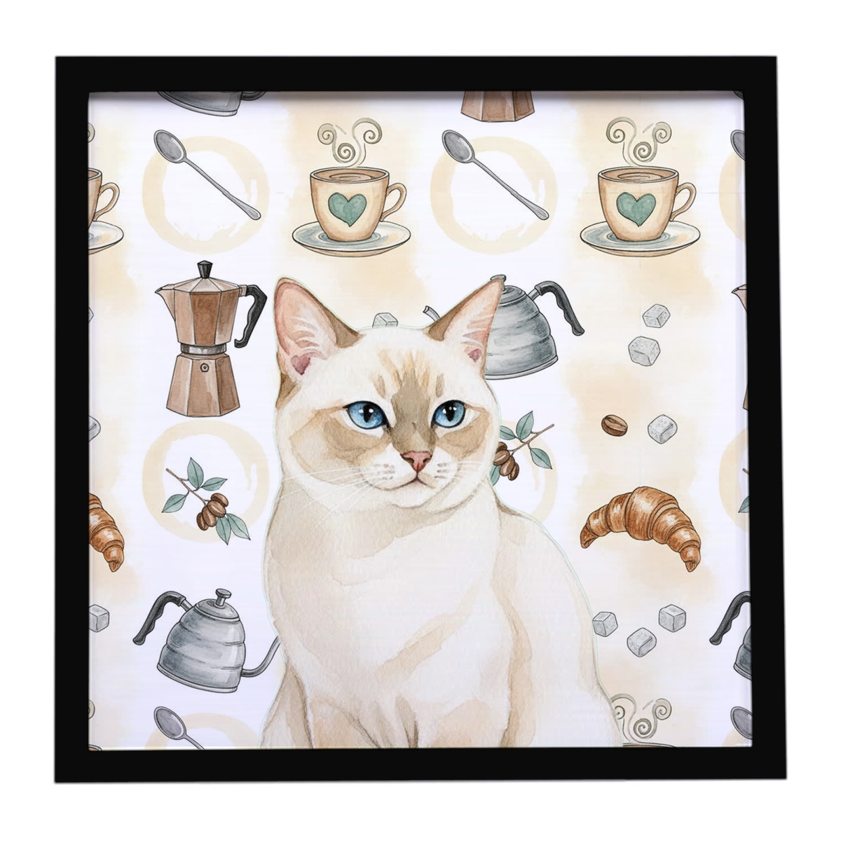 FNT1376MFP88 8 x 8 in. Cream Point Cat Coffee Time Framed Metal Print