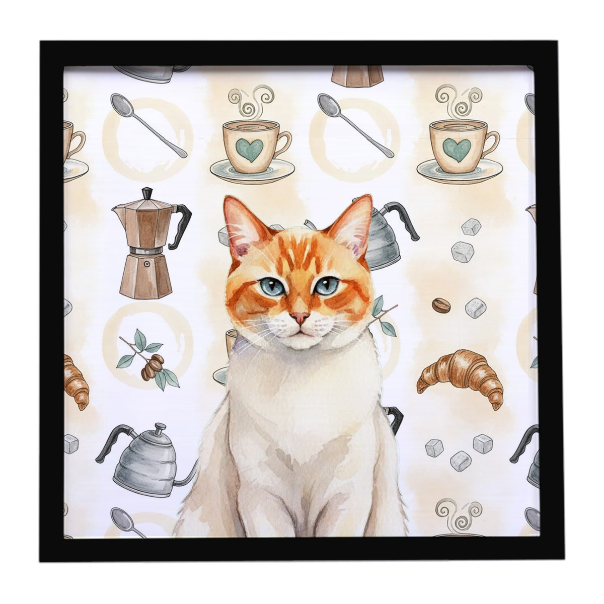 FNT1379MFP88 8 x 8 in. Flame Point Cat Coffee Time Framed Metal Print