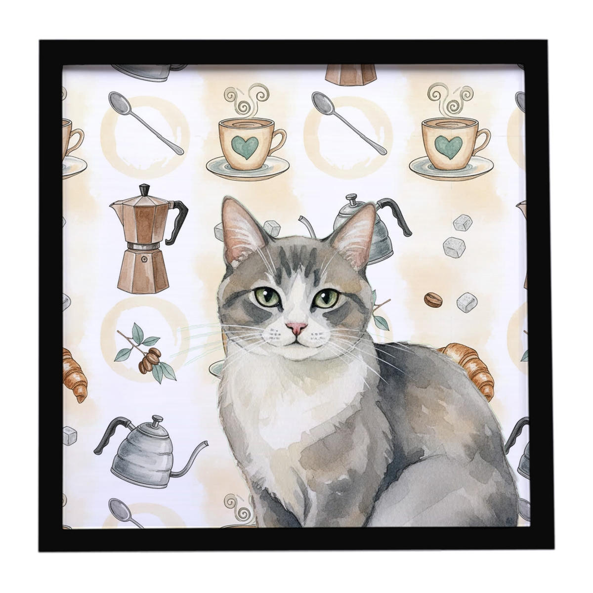 FNT1380MFP88 8 x 8 in. Gray & White Cat Coffee Time Framed Metal Print