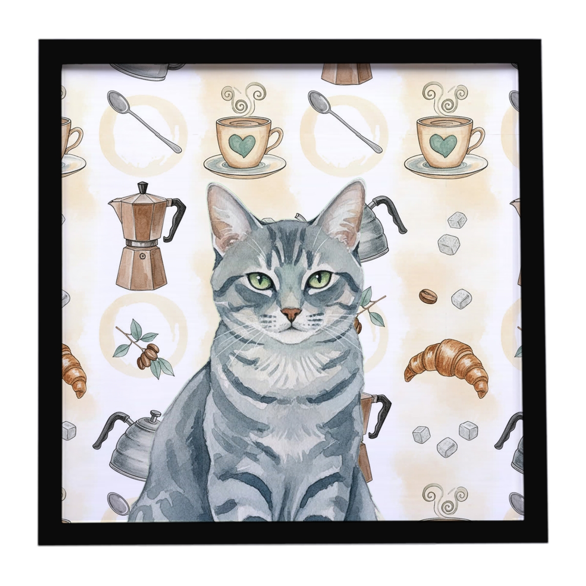 FNT1381MFP88 8 x 8 in. Gray Mackerel Tabby Cat Coffee Time Framed Metal Print