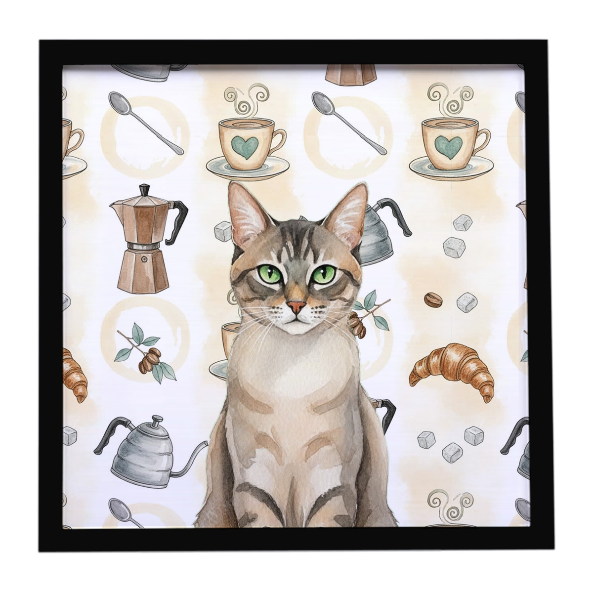 FNT1382MFP88 8 x 8 in. Lynx Point Tabby Cat Coffee Time Framed Metal Print