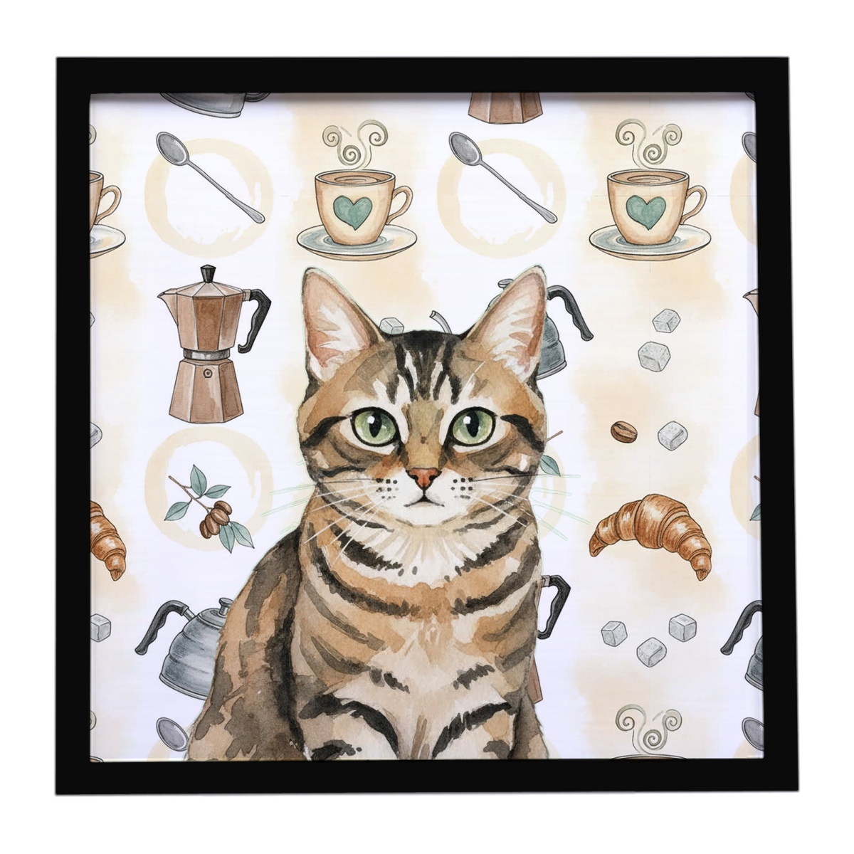 FNT1383MFP88 8 x 8 in. Mackerel Tabby Brown Cat Coffee Time Framed Metal Print