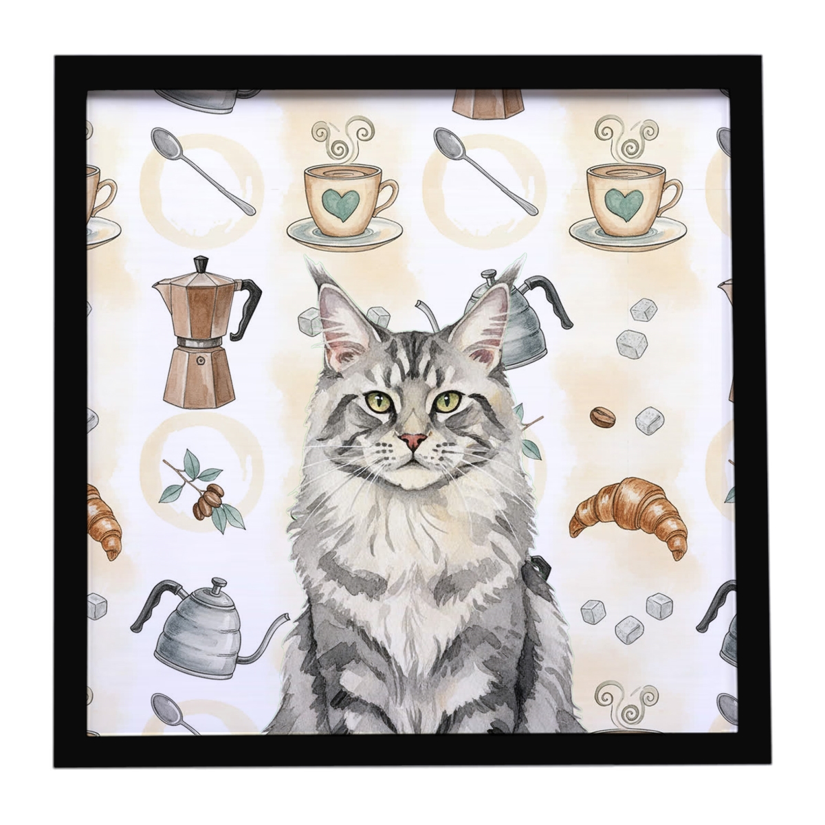 FNT1386MFP88 8 x 8 in. MaineCoon Silver Tabby Cat Coffee Time Framed Metal Print
