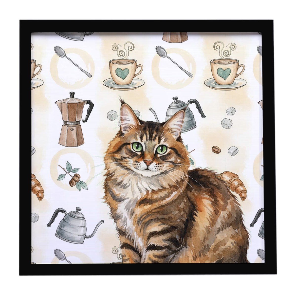 FNT1387MFP88 8 x 8 in. Norwegian Forest Cat Brown Tabby Cat Coffee Time Framed Metal Print