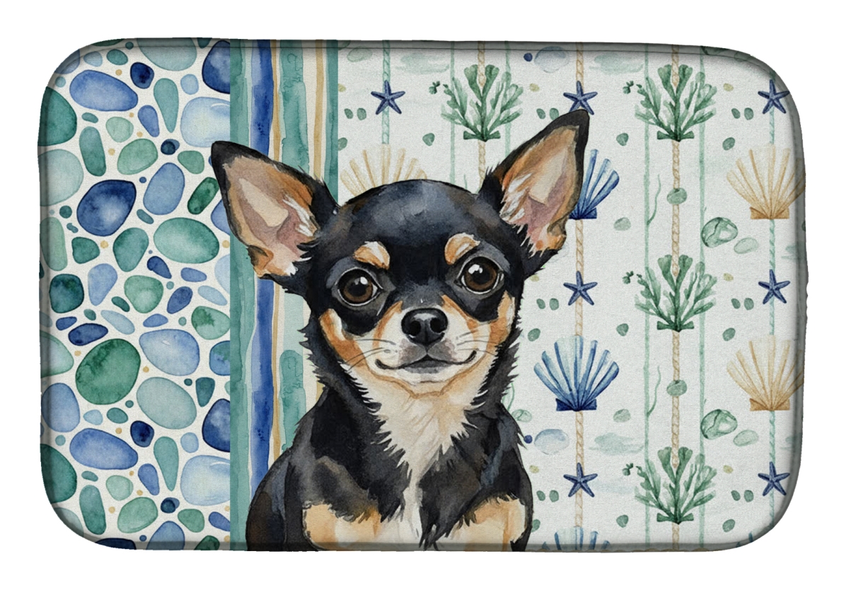Picture of Carolines Treasures WDK6969DDM 21 x 14 in. Black & Tan Chihuahua Coastal Sea Glass Dish Drying Mat