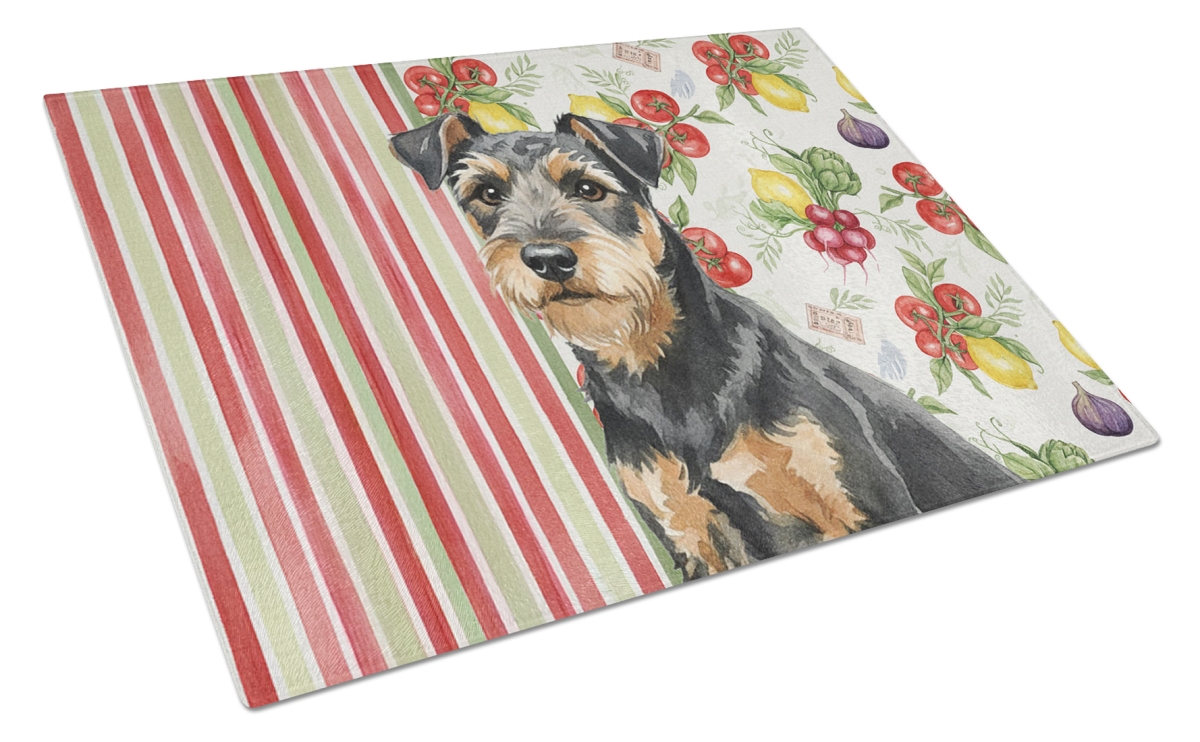 Picture of Carolines Treasures WDK8296LCB 11.25 x 15.25 in. Black & Tan Lakeland Terrier Vegetables Glass Cutting Board