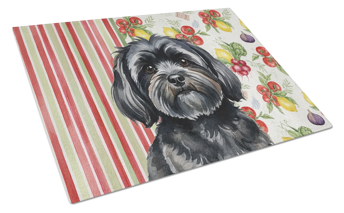 Picture of Carolines Treasures WDK8301LCB 11.25 x 15.25 in. Black Lhasa Apso Vegetables Glass Cutting Board