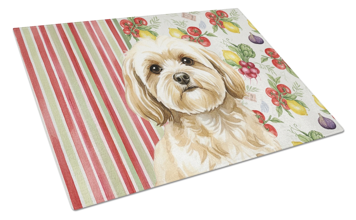 Picture of Carolines Treasures WDK8302LCB 11.25 x 15.25 in. Cream Lhasa Apso Vegetables Glass Cutting Board