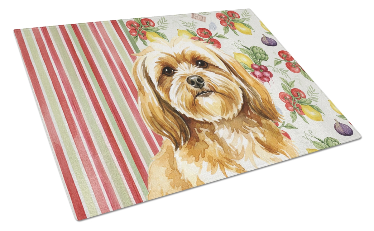 Picture of Carolines Treasures WDK8303LCB 11.25 x 15.25 in. Gold Lhasa Apso Vegetables Glass Cutting Board