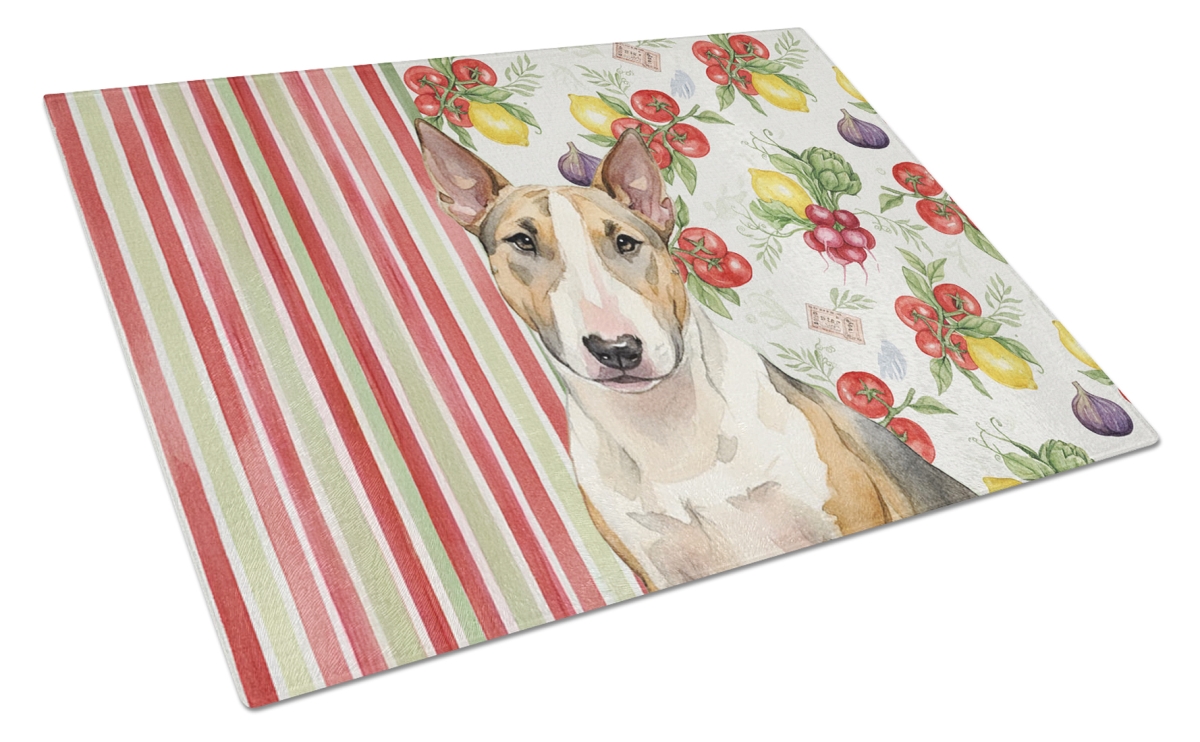 Picture of Carolines Treasures WDK8312LCB 11.25 x 15.25 in. Tricolor Miniature Bull Terrier Vegetables Glass Cutting Board
