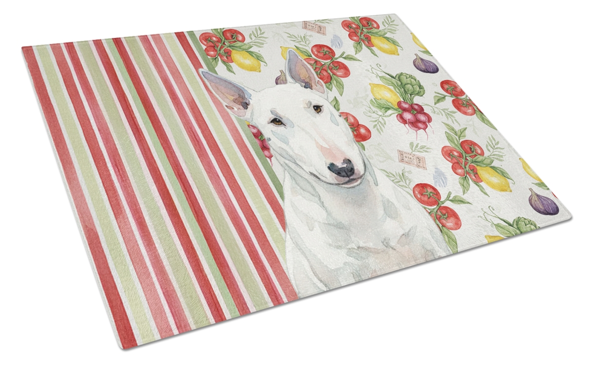 Picture of Carolines Treasures WDK8313LCB 11.25 x 15.25 in. White Miniature Bull Terrier Vegetables Glass Cutting Board