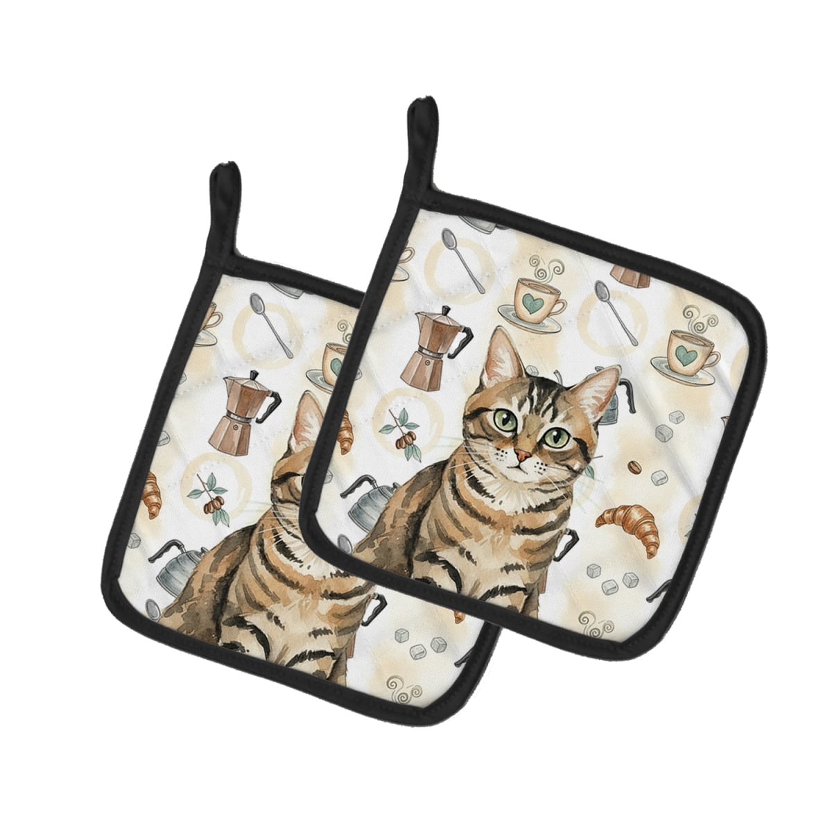 FNT1383PTHD 7.5 x 7.5 in. Mackerel Tabby Brown Cat Coffee Time Pot Holders, Pack of 2