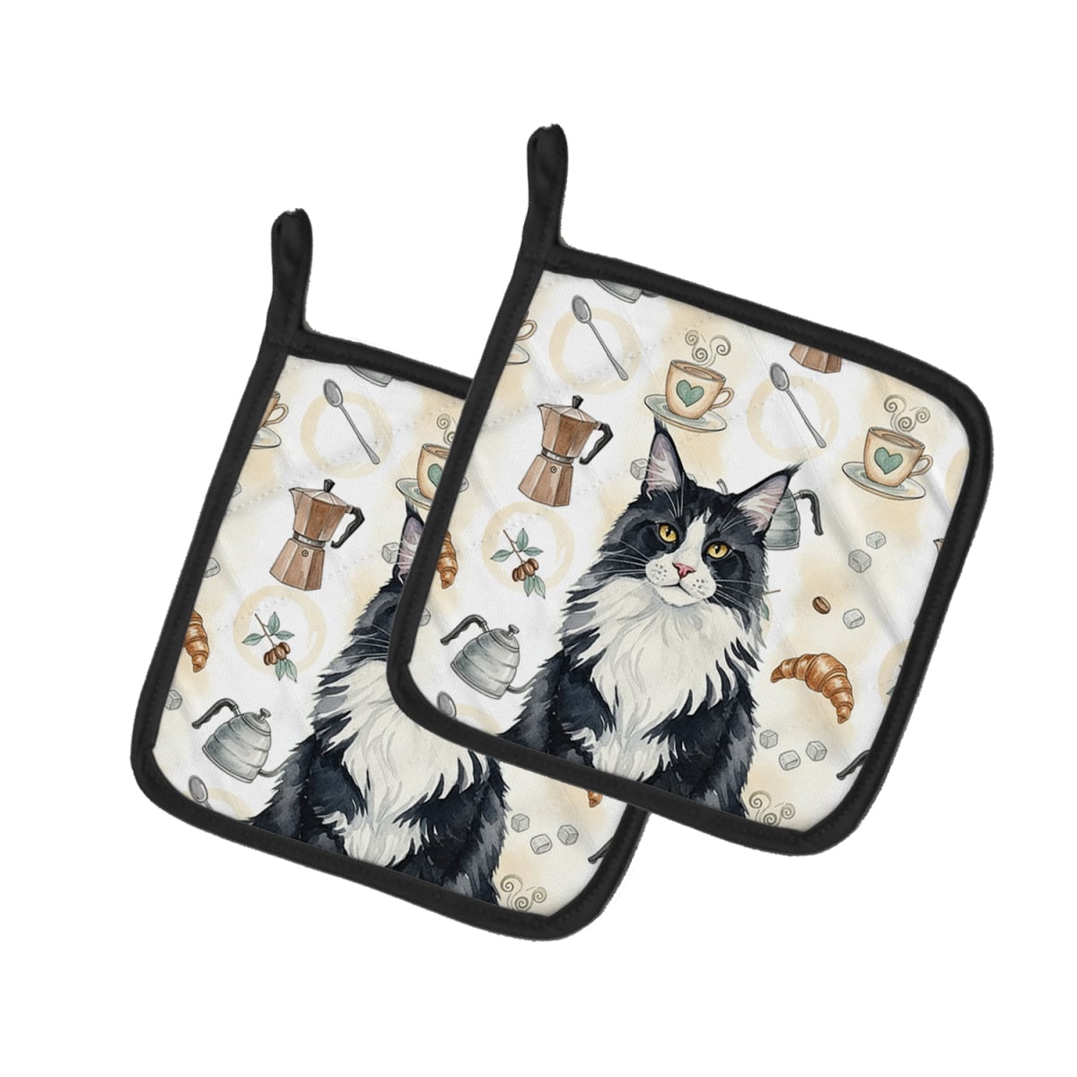 FNT1384PTHD 7.5 x 7.5 in. MaineCoon Black & White Cat Coffee Time Pot Holders, Pack of 2
