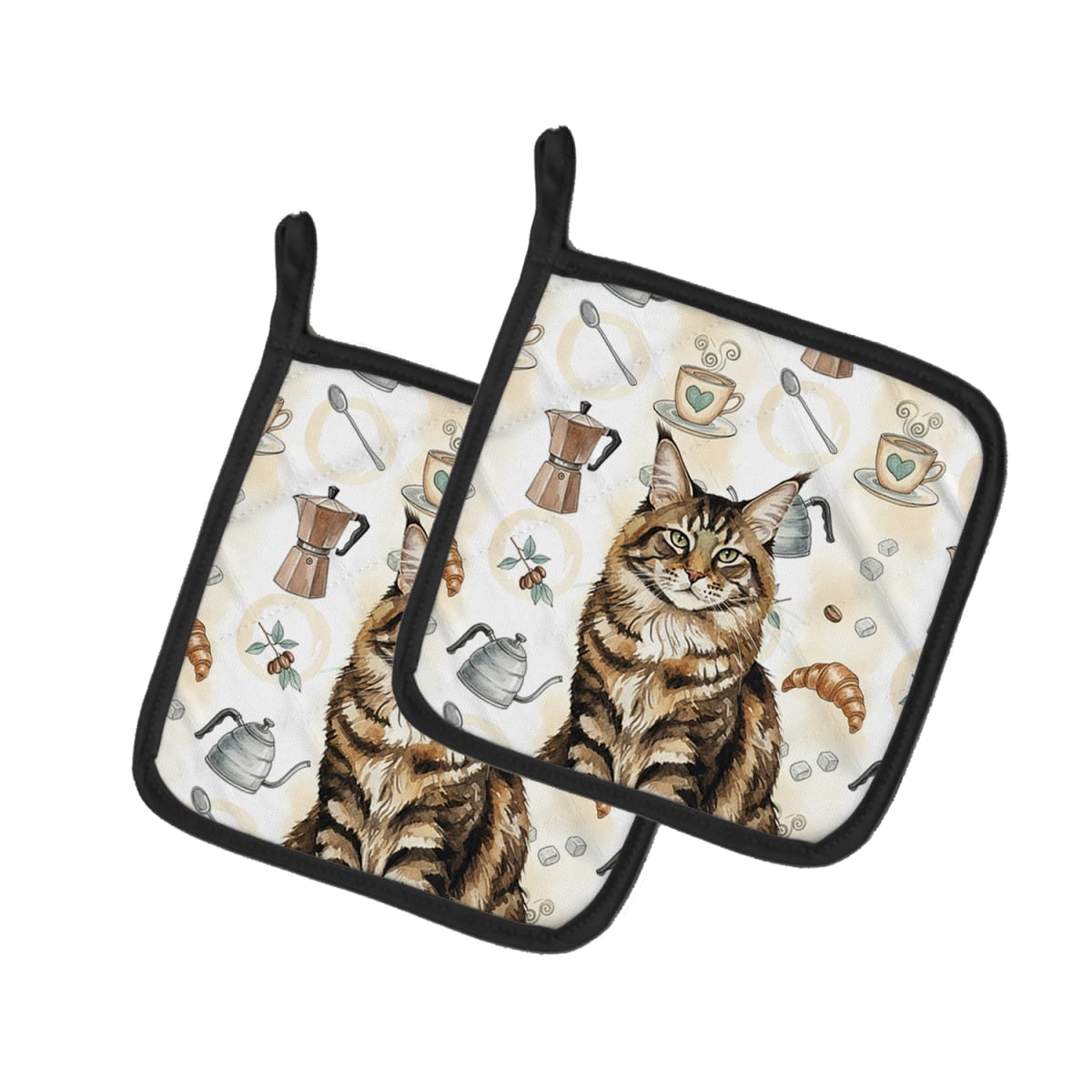 FNT1385PTHD 7.5 x 7.5 in. MaineCoon Brown Tabby Cat Coffee Time Pot Holders, Pack of 2