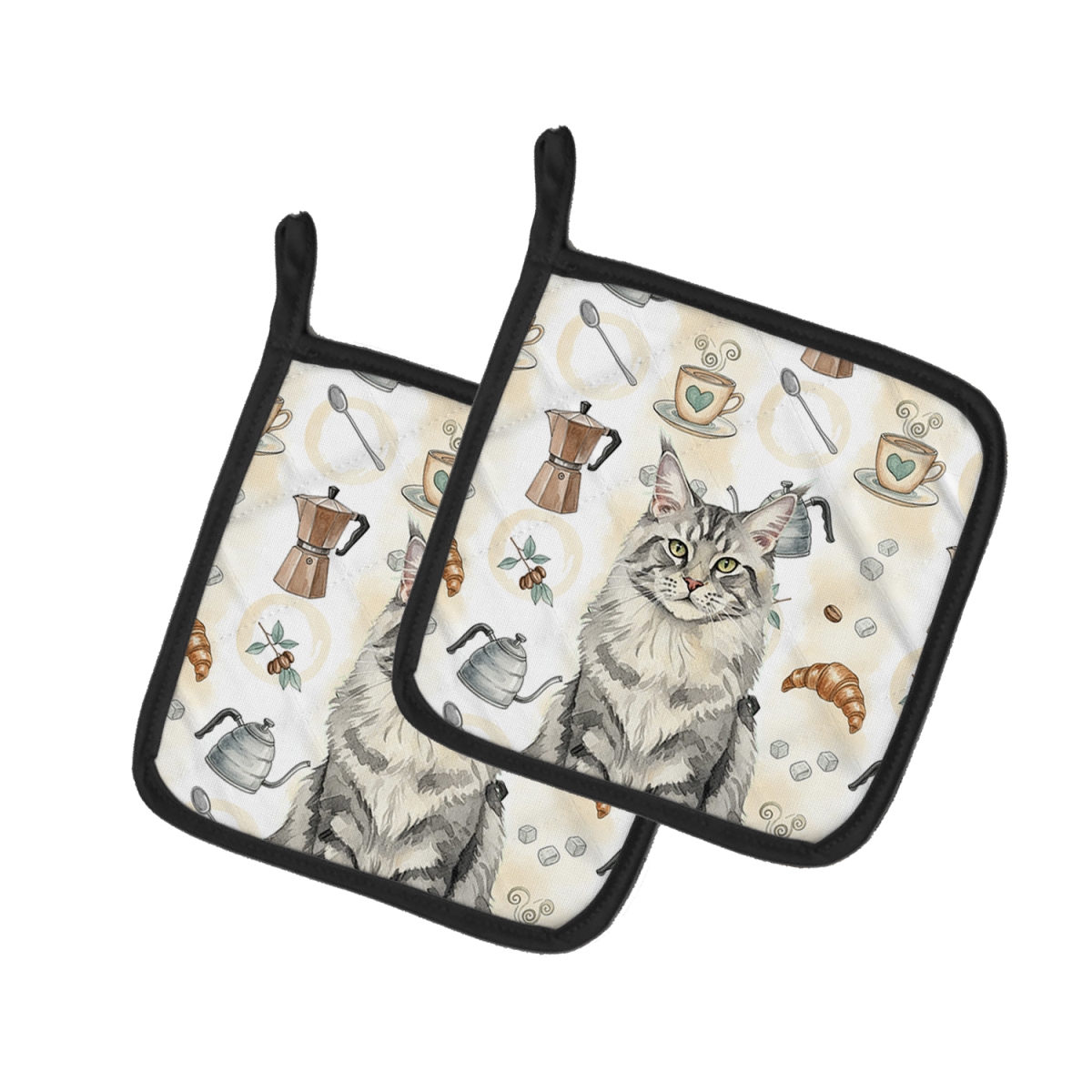 FNT1386PTHD 7.5 x 7.5 in. MaineCoon Silver Tabby Cat Coffee Time Pot Holders, Pack of 2