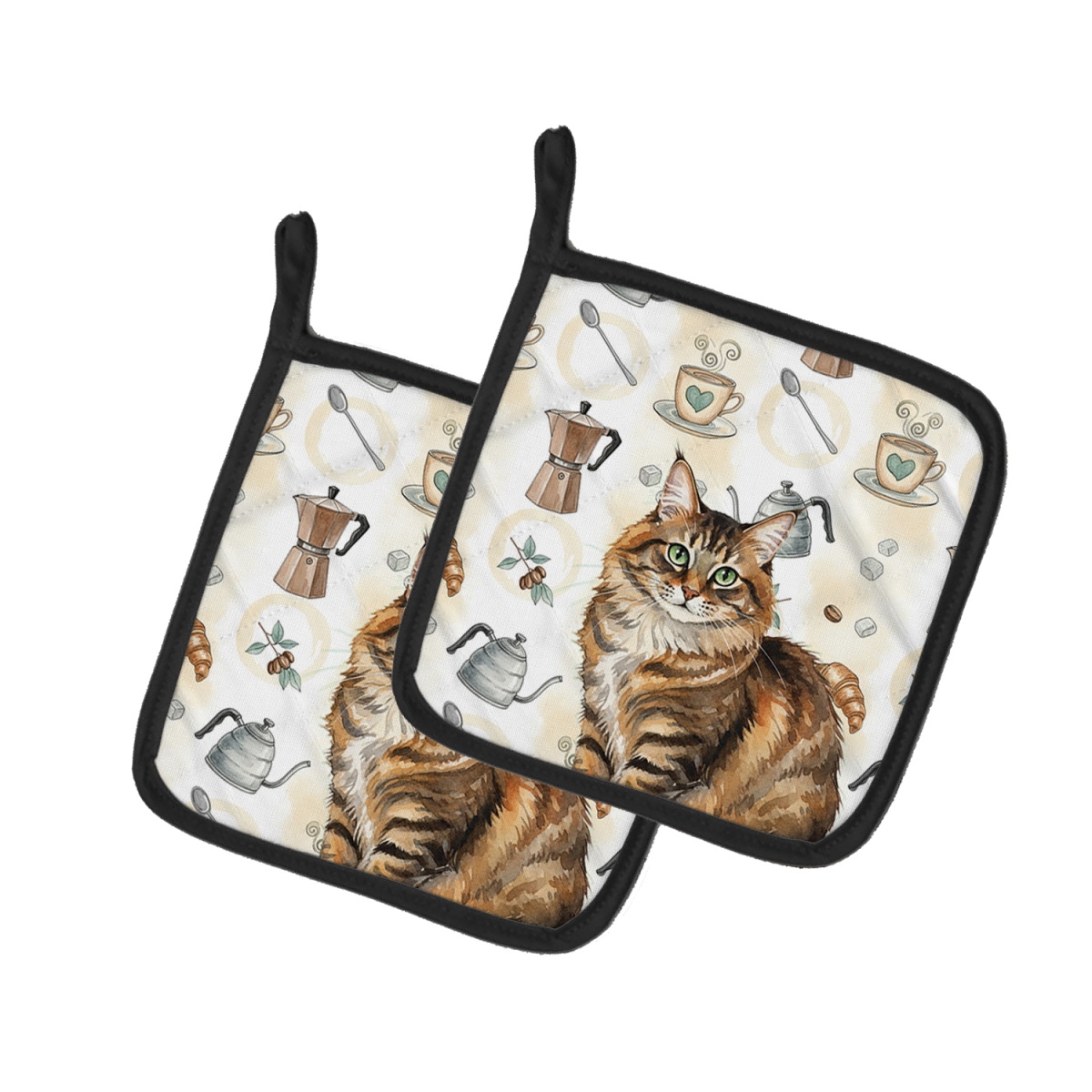 FNT1387PTHD 7.5 x 7.5 in. Norwegian Forest Cat Brown Tabby Cat Coffee Time Pot Holders, Pack of 2