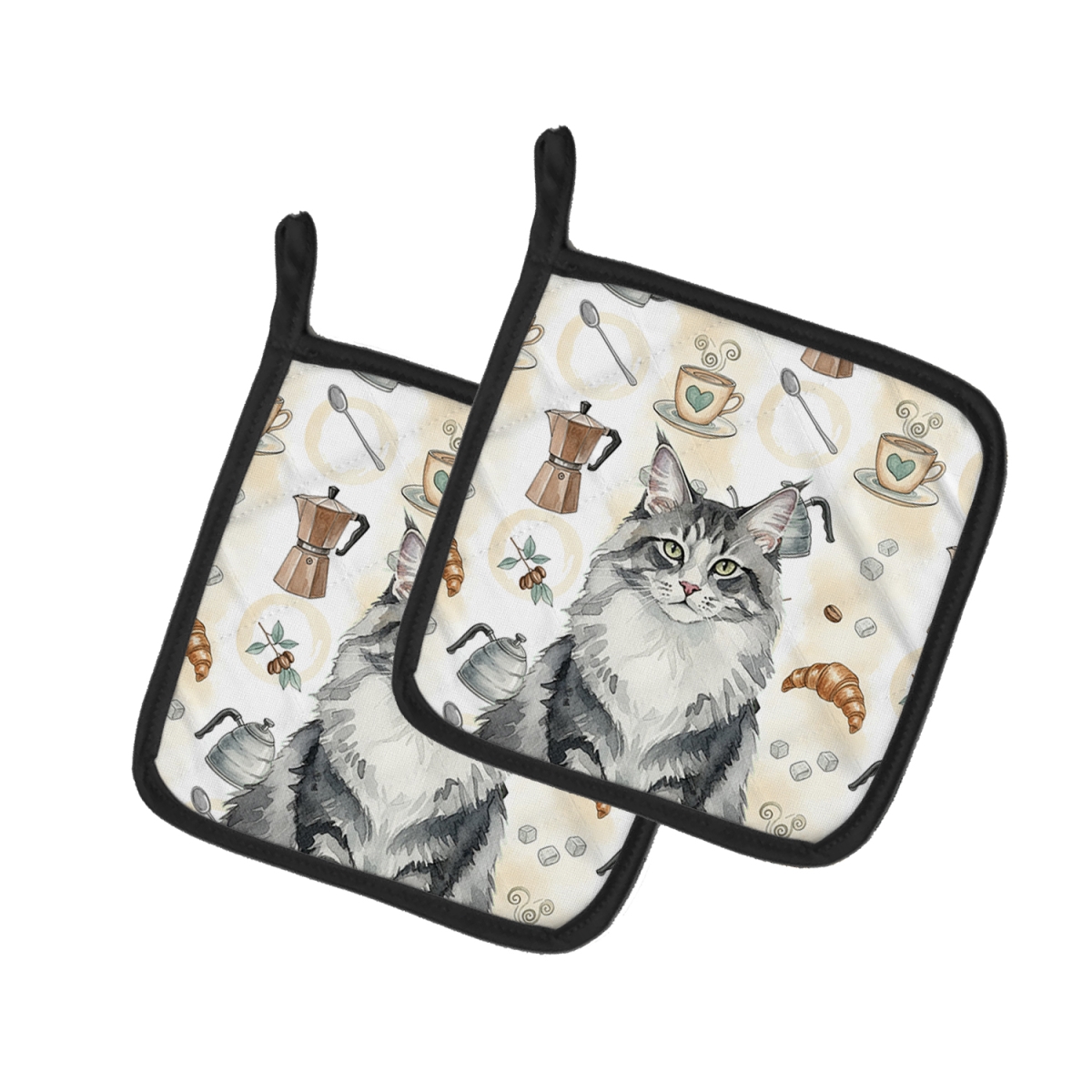 FNT1388PTHD 7.5 x 7.5 in. Norwegian Forest Cat Gray & White Cat Coffee Time Pot Holders, Pack of 2
