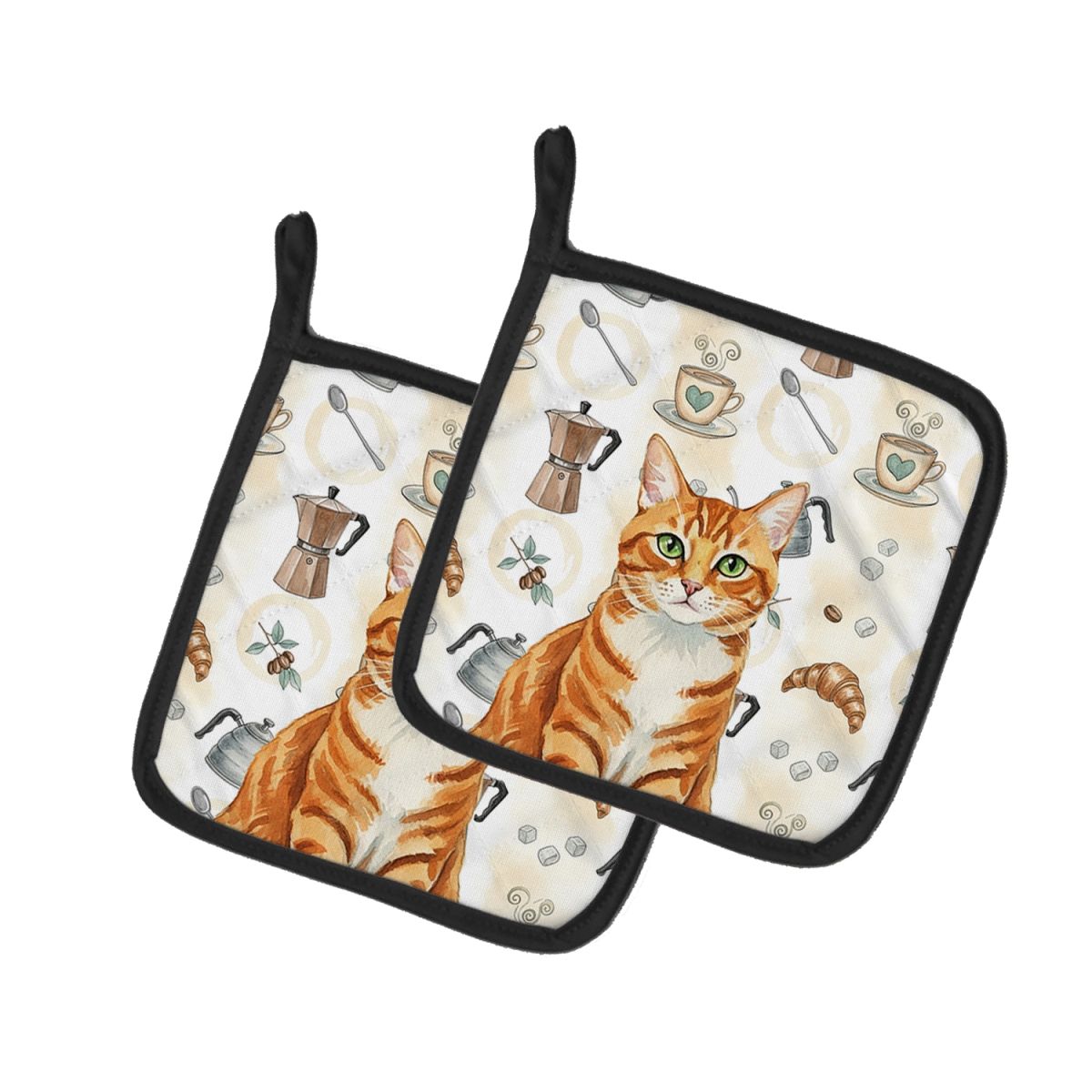 FNT1391PTHD 7.5 x 7.5 in. Orange Mackerel Tabby Cat Coffee Time Pot Holders, Pack of 2