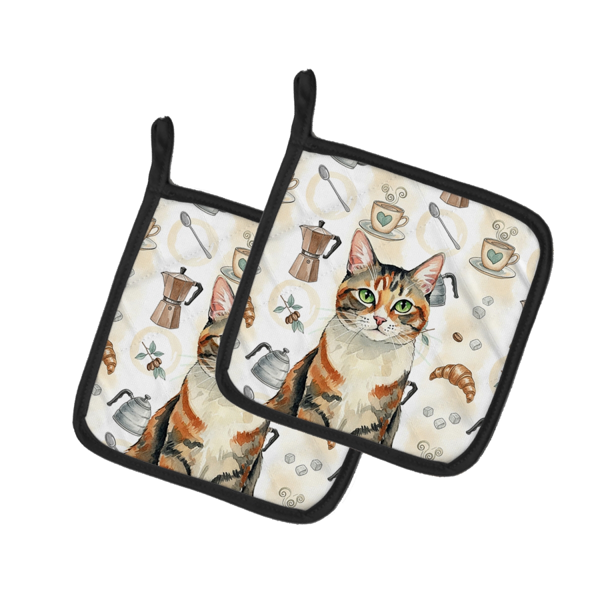 FNT1392PTHD 7.5 x 7.5 in. Patched Tabby Cat Coffee Time Pot Holders, Pack of 2
