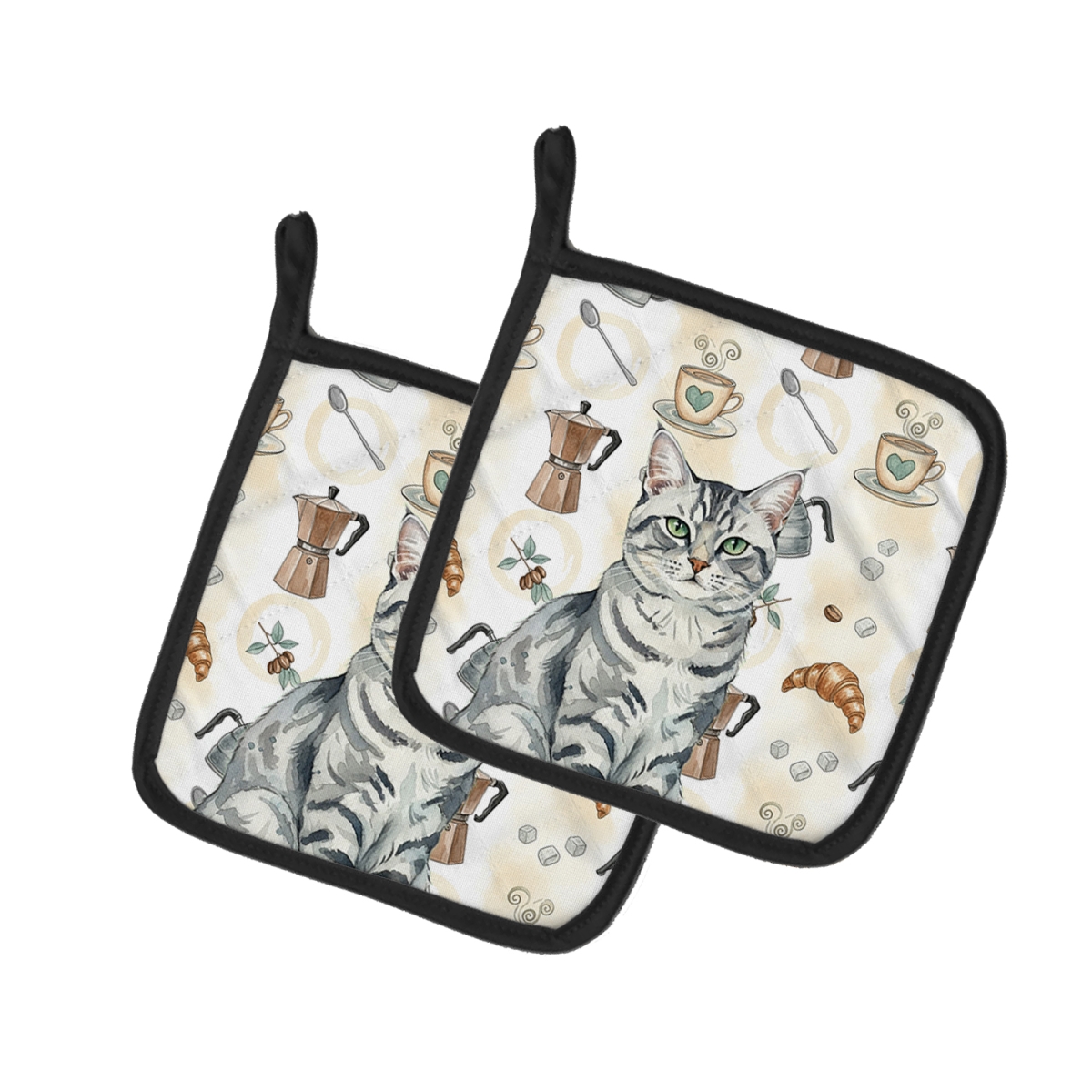 FNT1400PTHD 7.5 x 7.5 in. Silver Classic Tabby Cat Coffee Time Pot Holders, Pack of 2