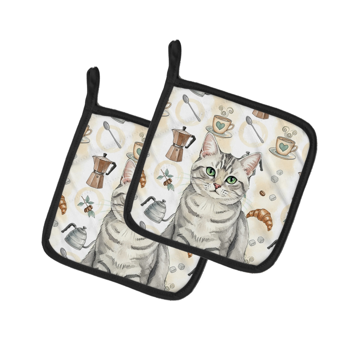 FNT1401PTHD 7.5 x 7.5 in. Silver Mackerel Tabby Cat Coffee Time Pot Holders, Pack of 2