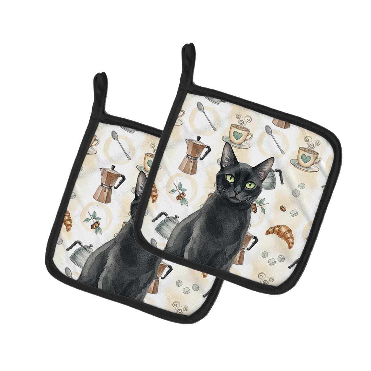 FNT1402PTHD 7.5 x 7.5 in. Solid Black Cat Coffee Time Pot Holders, Pack of 2