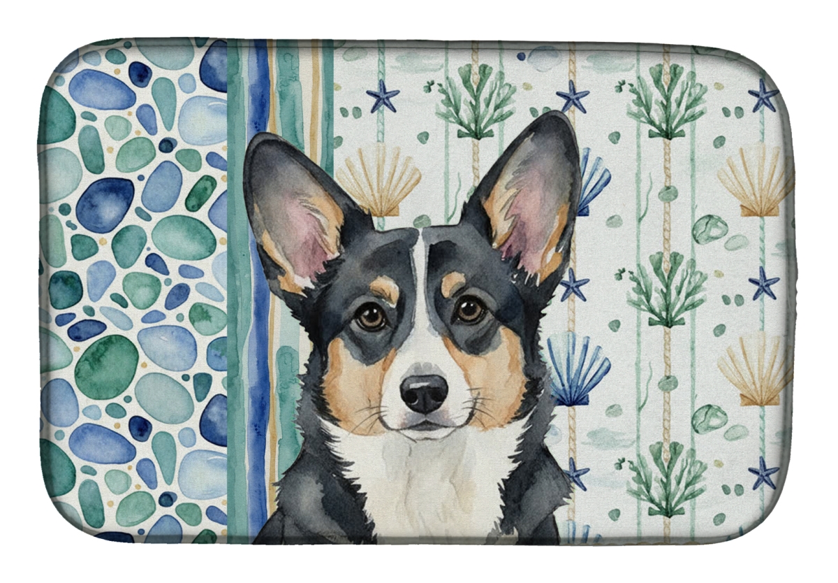 Picture of Carolines Treasures WDK6958DDM 21 x 14 in. Black & White Cardigan Welsh Corgi Coastal Sea Glass Dish Drying Mat