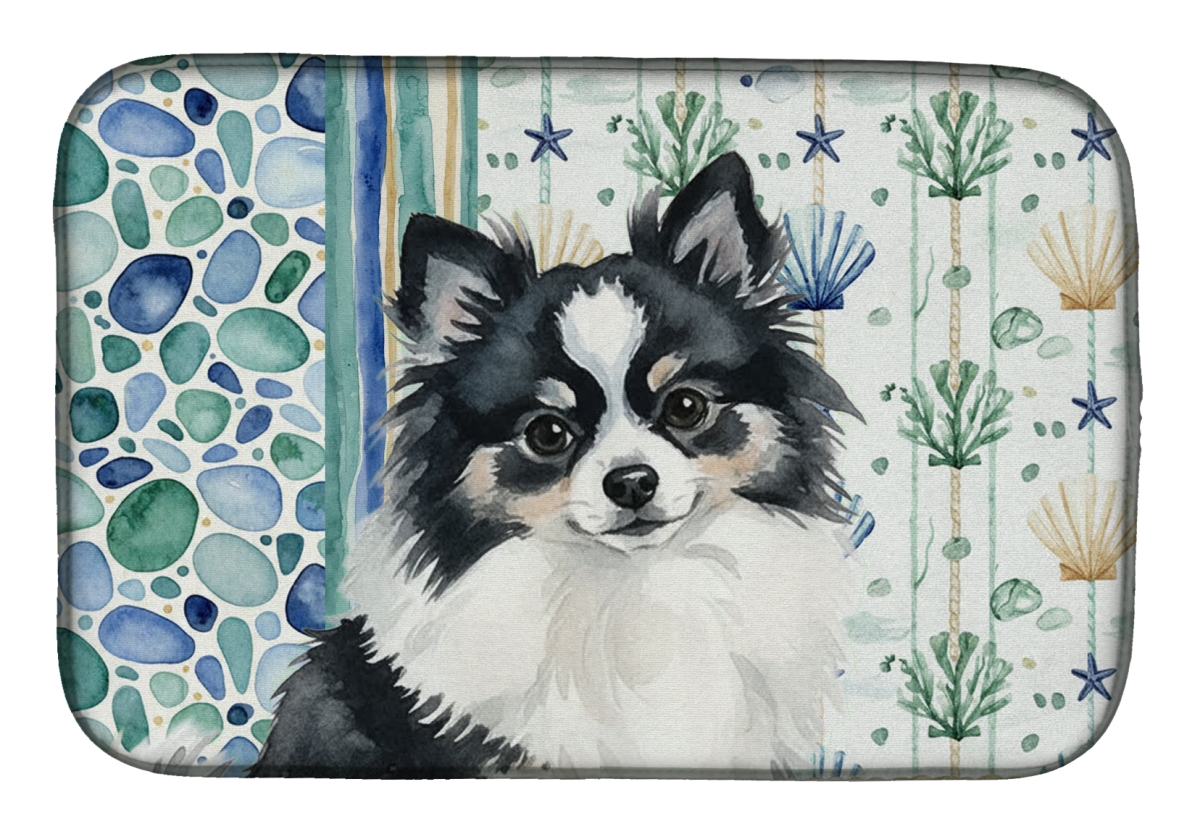 Picture of Carolines Treasures WDK7158DDM 21 x 14 in. Black & White Pomeranian Coastal Sea Glass Dish Drying Mat