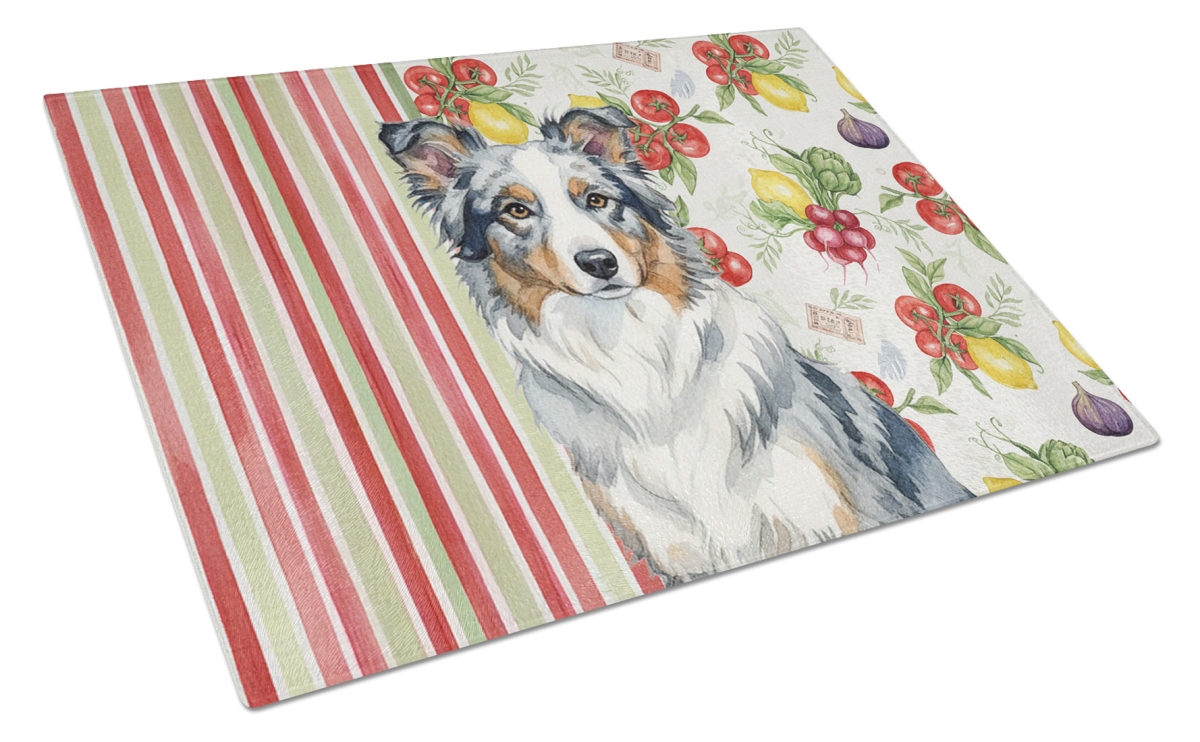Picture of Carolines Treasures WDK8122LCB 11.25 x 15.25 in. Blue Merle Border Collie Vegetables Glass Cutting Board