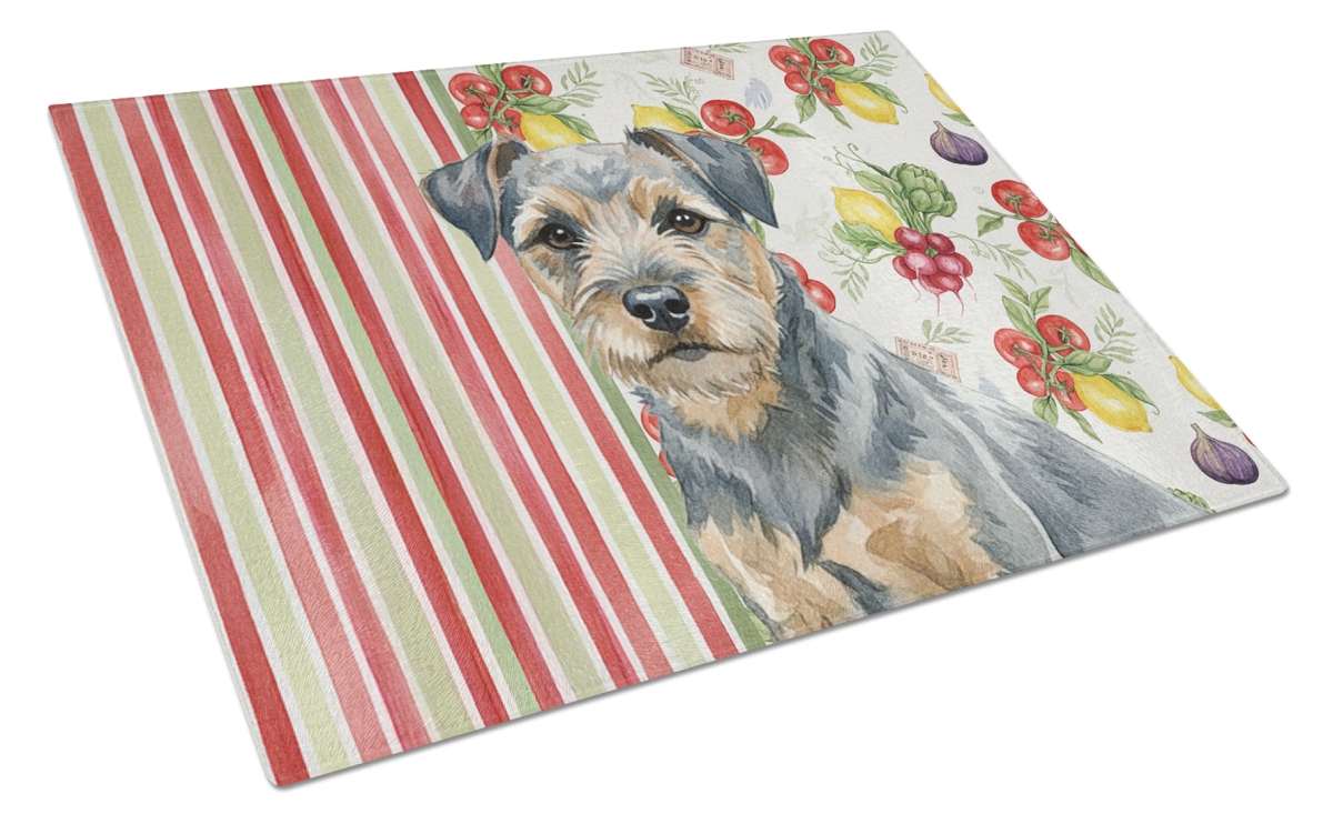Picture of Carolines Treasures WDK8125LCB 11.25 x 15.25 in. Blue & Tan Border Terrier Vegetables Glass Cutting Board