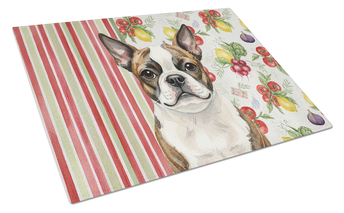 Picture of Carolines Treasures WDK8131LCB 11.25 x 15.25 in. Brindle Boston Terrier Vegetables Glass Cutting Board
