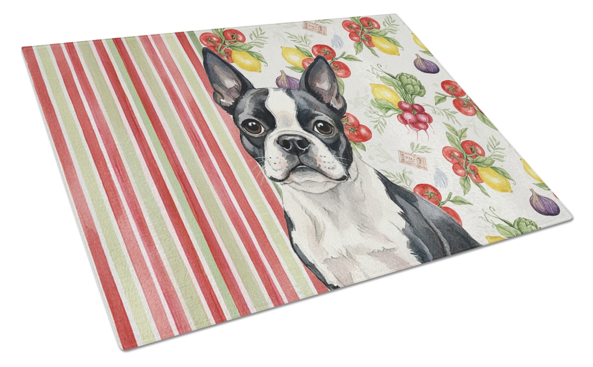 Picture of Carolines Treasures WDK8132LCB 11.25 x 15.25 in. Boston Terrier Vegetables Glass Cutting Board