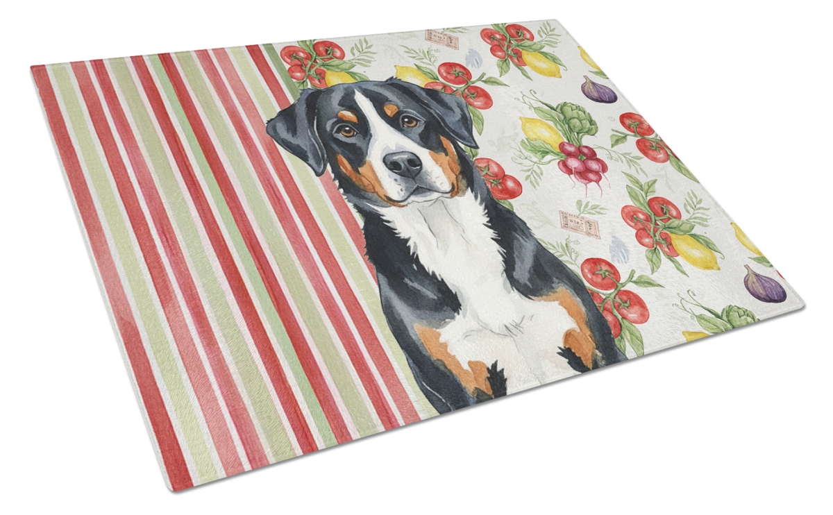 Picture of Carolines Treasures WDK8259LCB 11.25 x 15.25 in. Greater Swiss Mountain Dog Vegetables Glass Cutting Board
