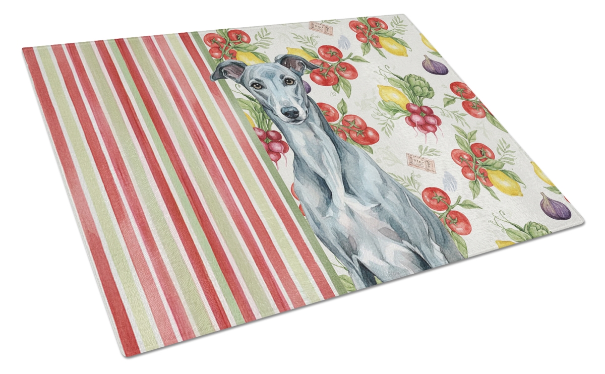 Picture of Carolines Treasures WDK8262LCB 11.25 x 15.25 in. Blue Brindle Greyhound Vegetables Glass Cutting Board