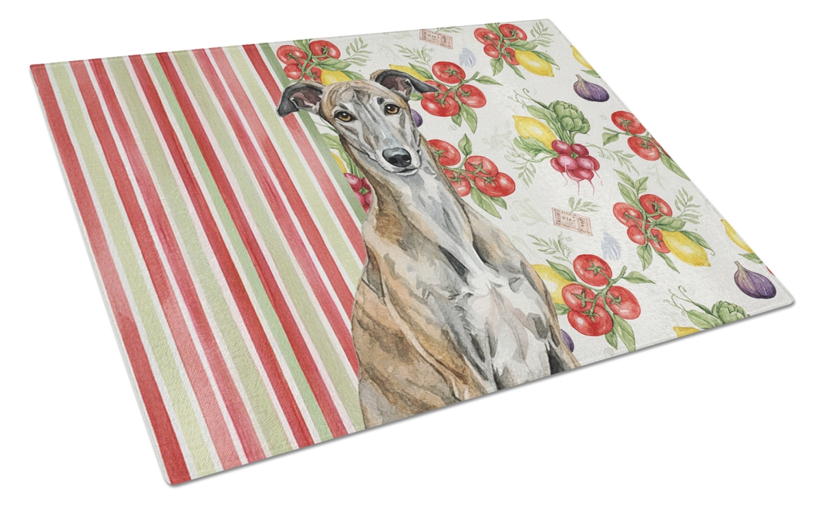 Picture of Carolines Treasures WDK8263LCB 11.25 x 15.25 in. Brindle Greyhound Vegetables Glass Cutting Board