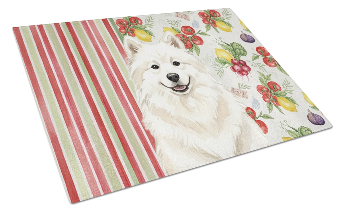 Picture of Carolines Treasures WDK8398LCB 11.25 x 15.25 in. Cream Samoyed Vegetables Glass Cutting Board