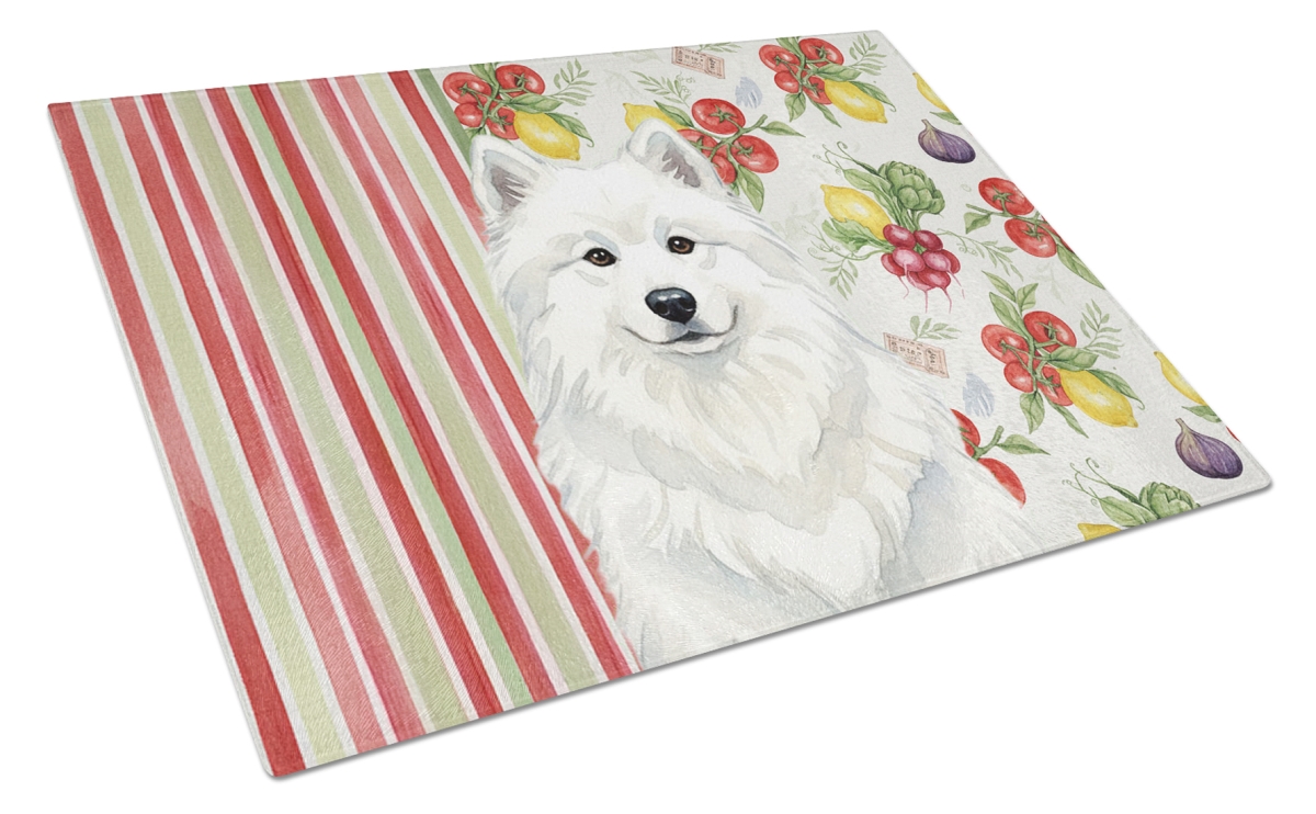Picture of Carolines Treasures WDK8399LCB 11.25 x 15.25 in. White Samoyed Vegetables Glass Cutting Board