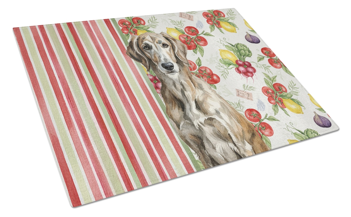 Picture of Carolines Treasures WDK8403LCB 11.25 x 15.25 in. Brindle Scottish Deerhound Vegetables Glass Cutting Board
