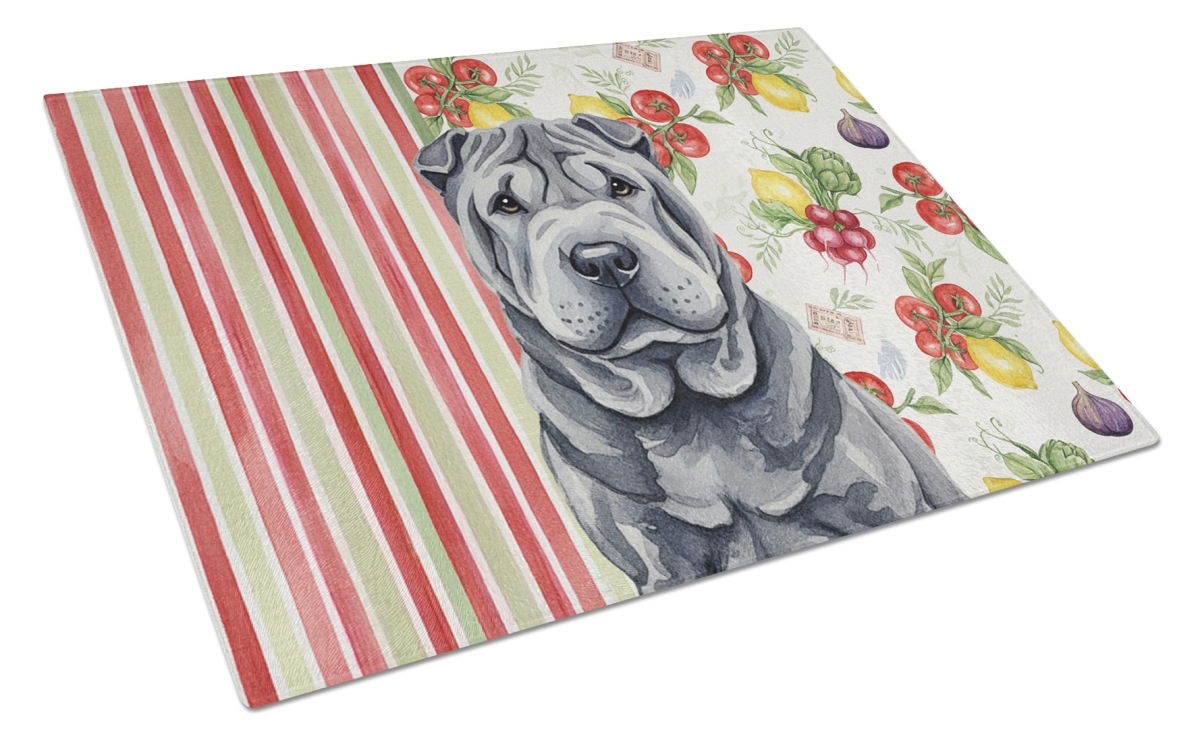 Picture of Carolines Treasures WDK8407LCB 11.25 x 15.25 in. Black Shar Pei Vegetables Glass Cutting Board