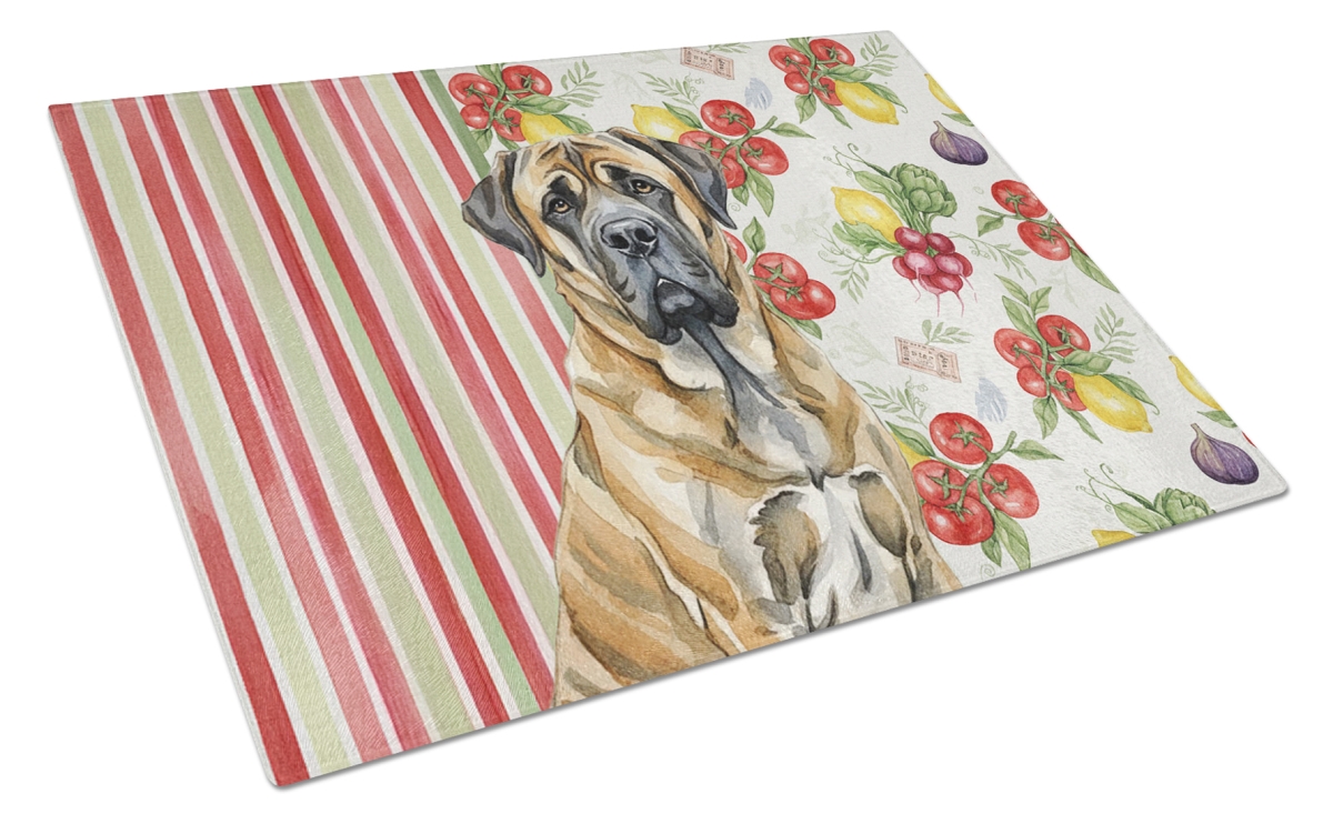 Picture of Carolines Treasures WDK8225LCB 11.25 x 15.25 in. Brindle English Mastiff Vegetables Glass Cutting Board