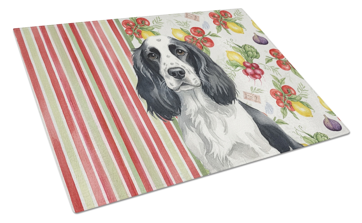 Picture of Carolines Treasures WDK8232LCB 11.25 x 15.25 in. Black & White English Springer Spaniel Vegetables Glass Cutting Board