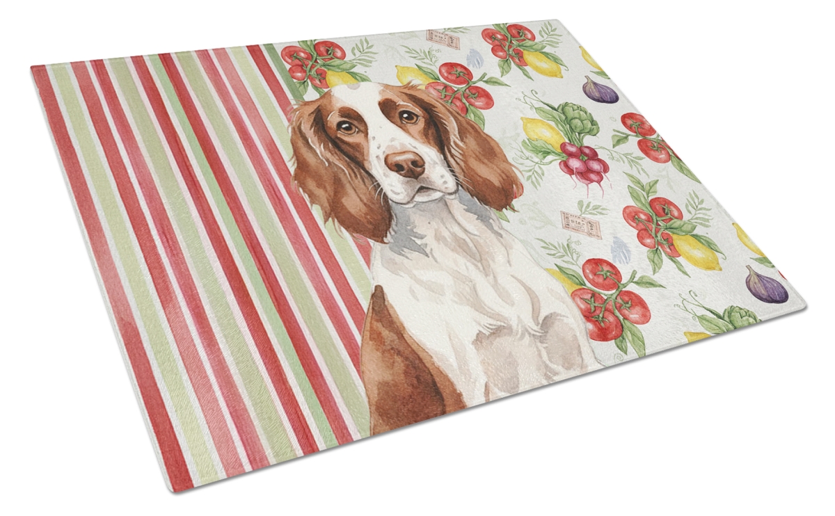 Picture of Carolines Treasures WDK8233LCB 11.25 x 15.25 in. Liver & White English Springer Spaniel Vegetables Glass Cutting Board