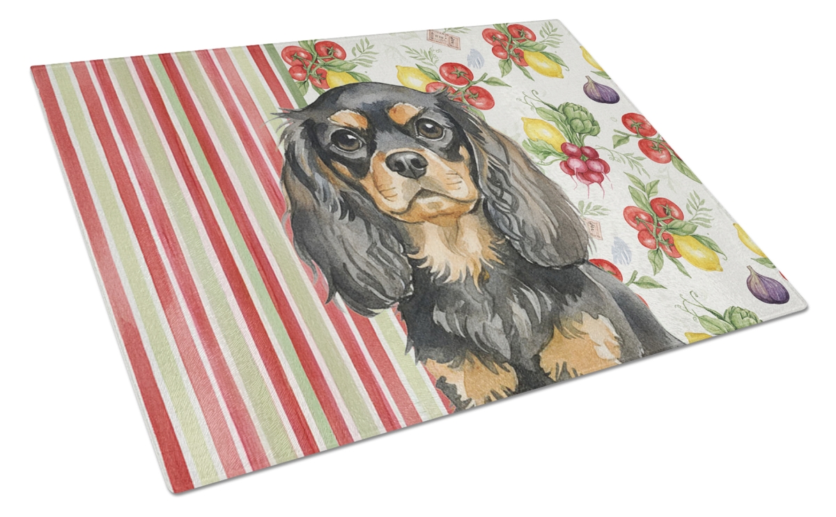 Picture of Carolines Treasures WDK8234LCB 11.25 x 15.25 in. Black & Tan English Toy Spaniel Vegetables Glass Cutting Board
